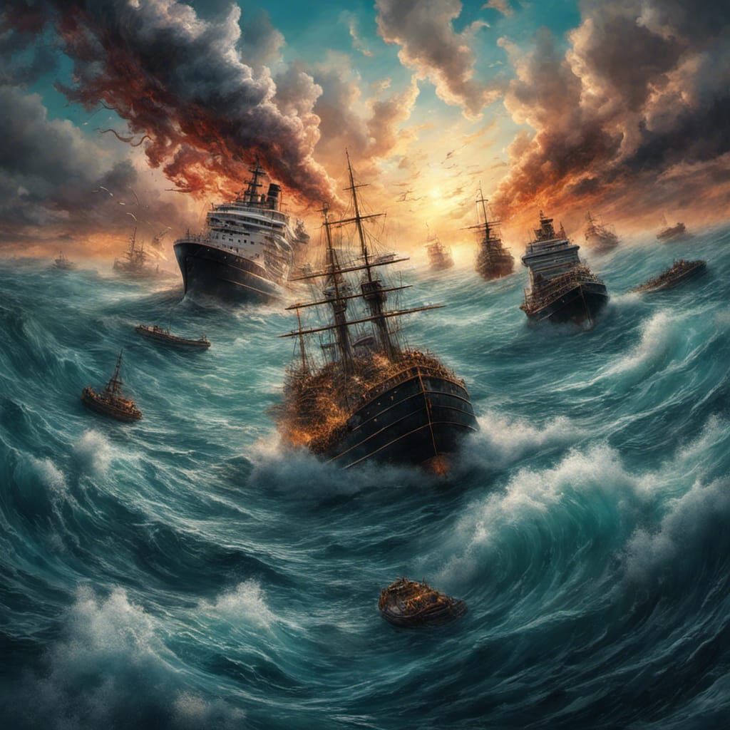 Hyperrealistic Ships Drowning in a Stormy Sea