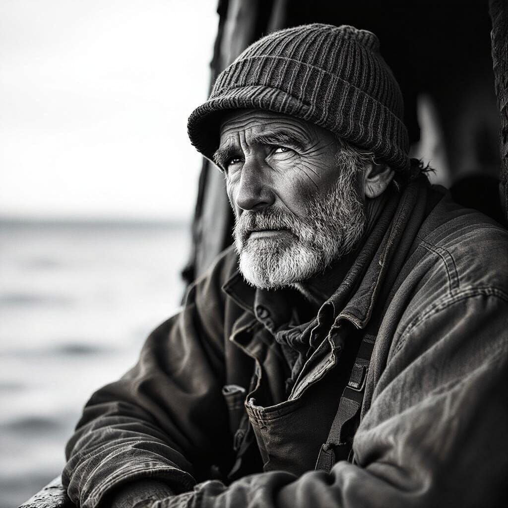 Weathered Fisherman Portrait in High Contrast Black and Whit...