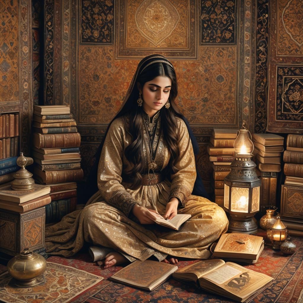 Qajar Art: Woman Reading in Golden Light