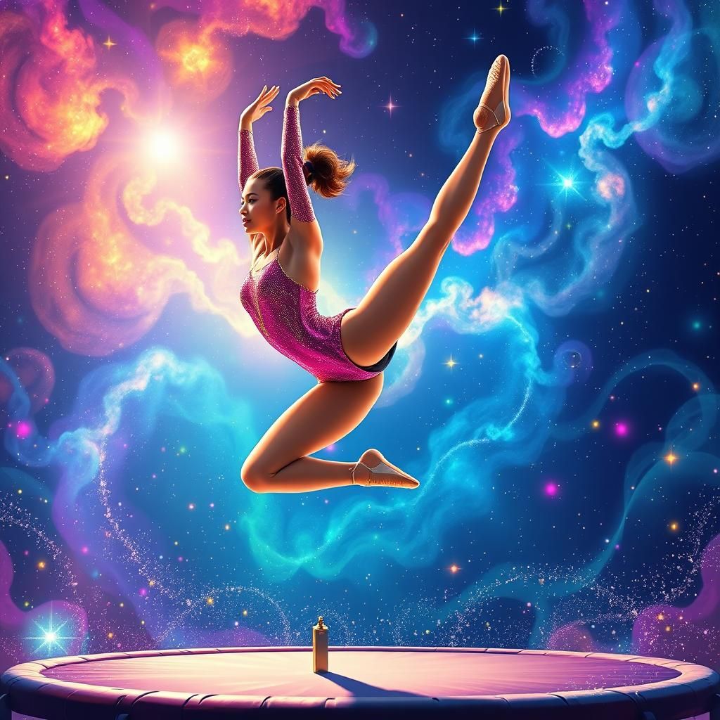 Gymnast's Double Somersault in Dreamlike Celestial Art