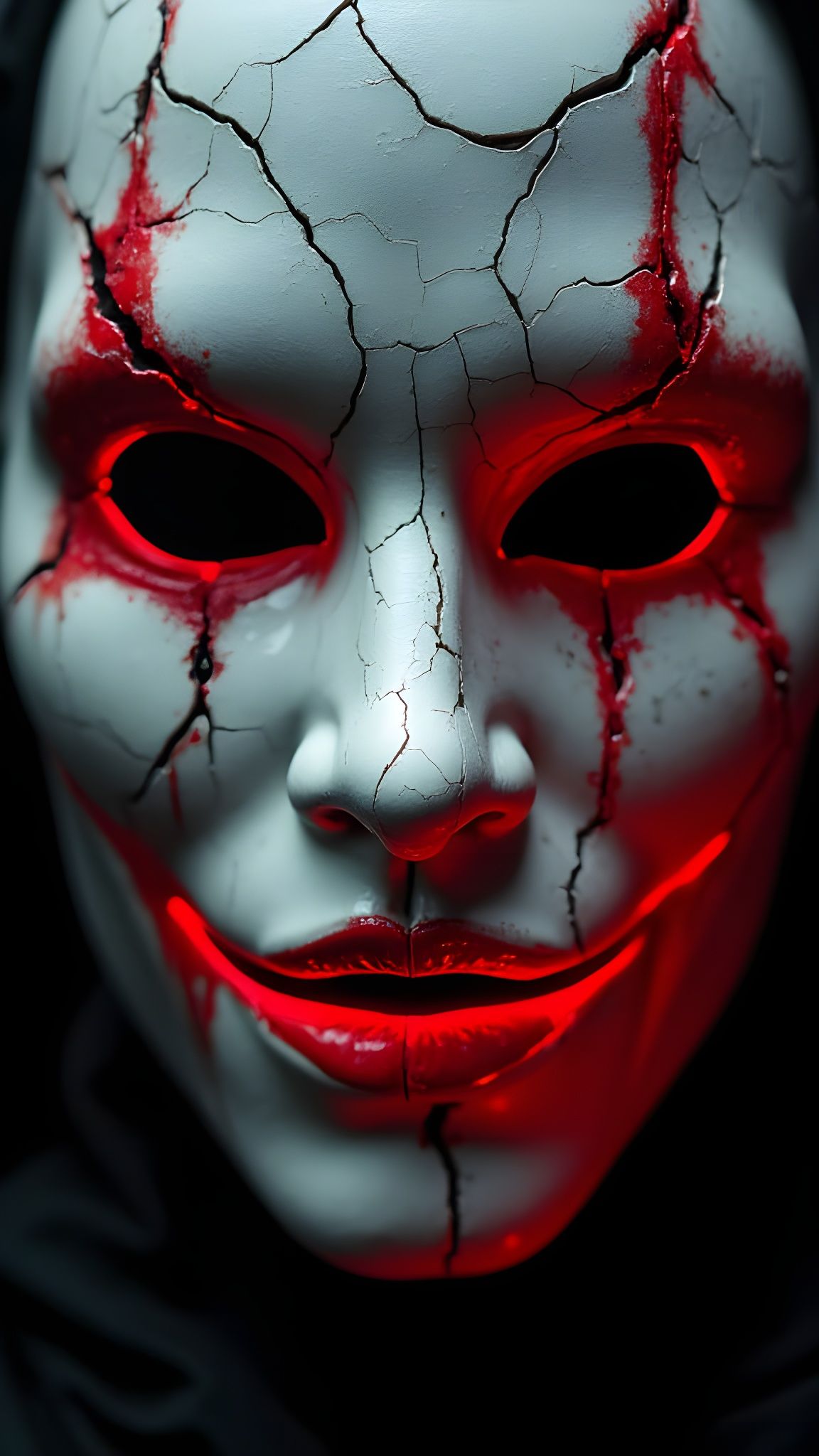 Cracked Porcelain Mask Portrait in Crimson and White
