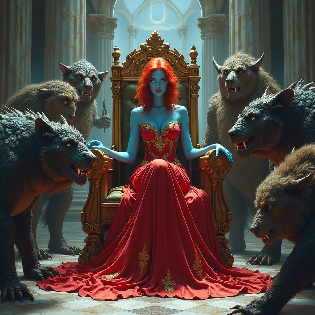Regal Red Queen in Dark Fantasy Throne Room