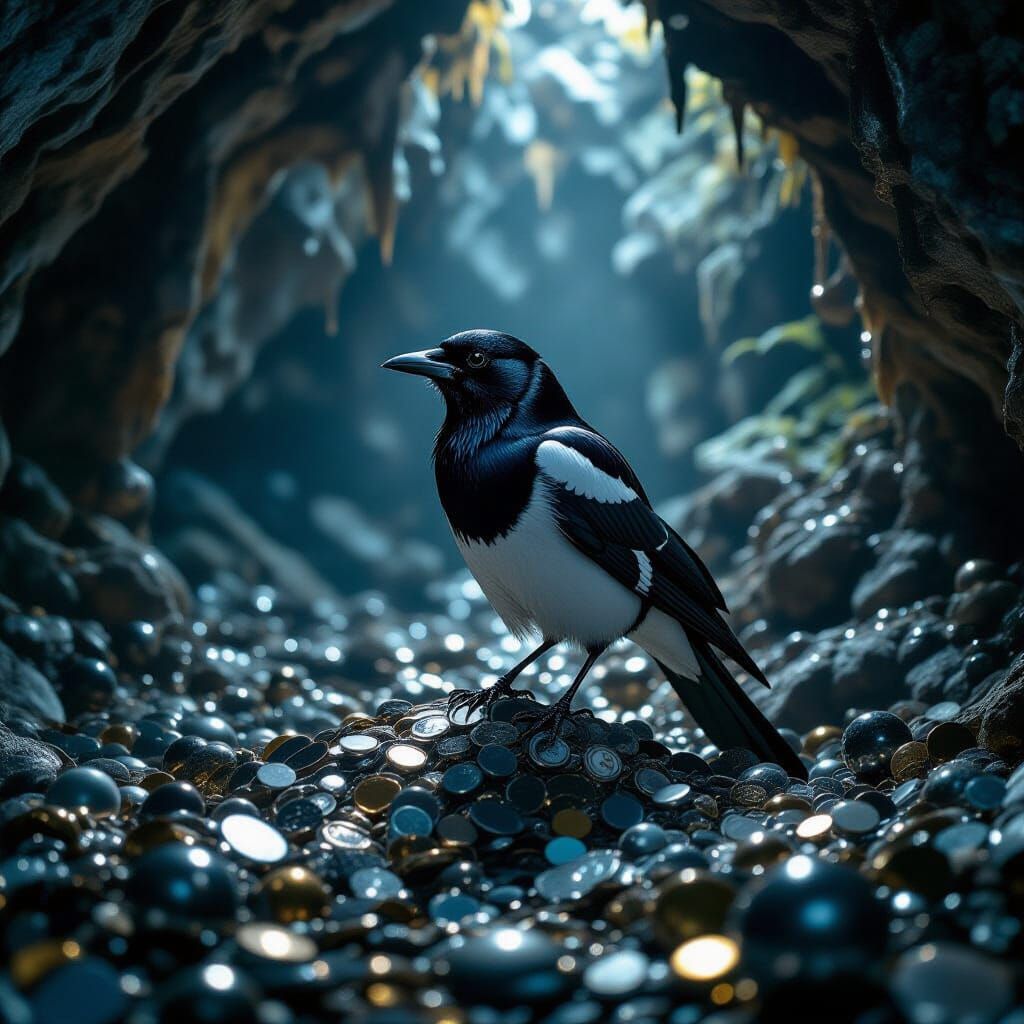 Magpie in Gemstone Cave, Cinematic Masterpiece