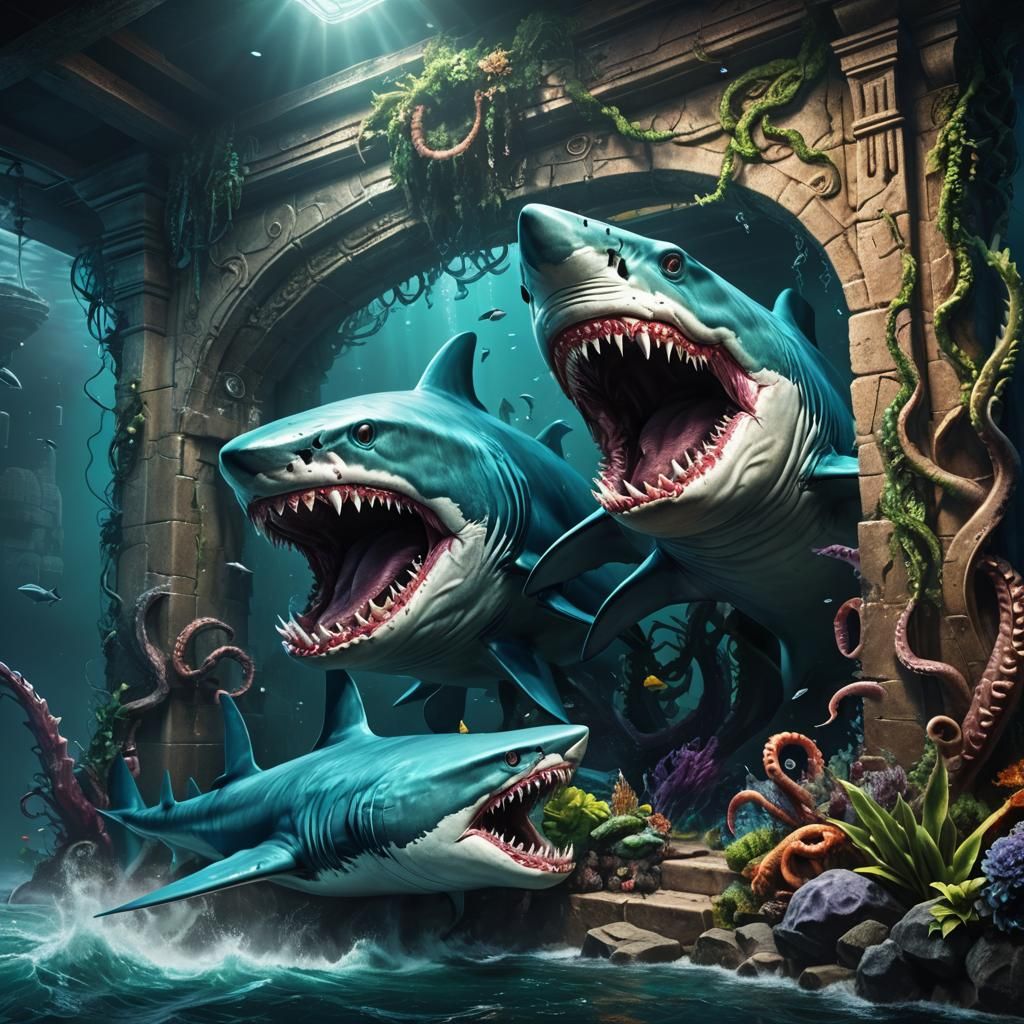 Sharks and Octopus at a Wall in Dark Fantasy Style