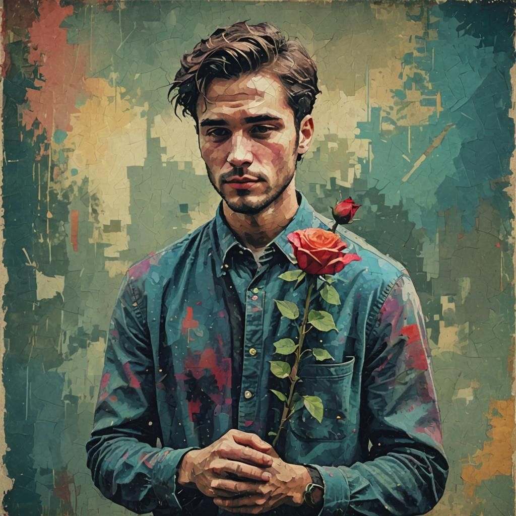 Handsome Man with Rose in Pixelated Distressed Art