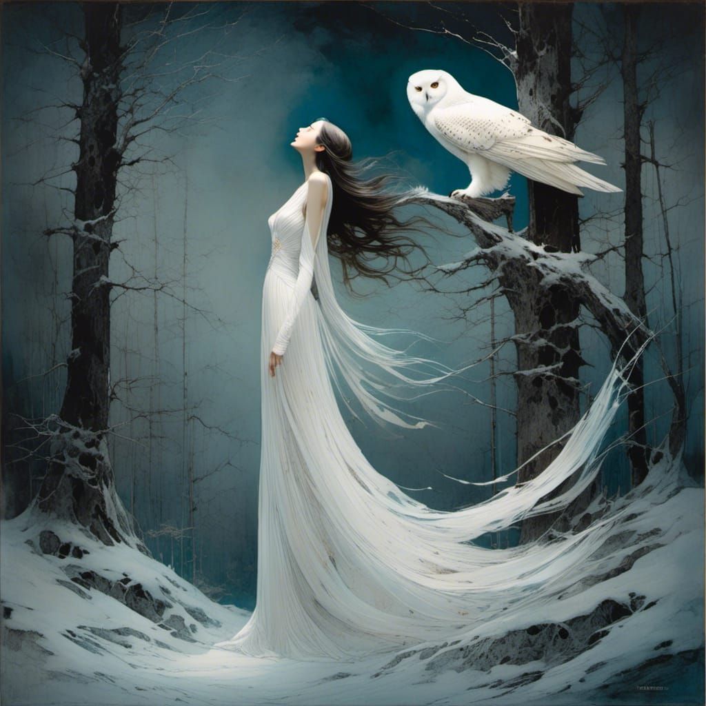 Snowy Owl and Woman in Moonlit Forest