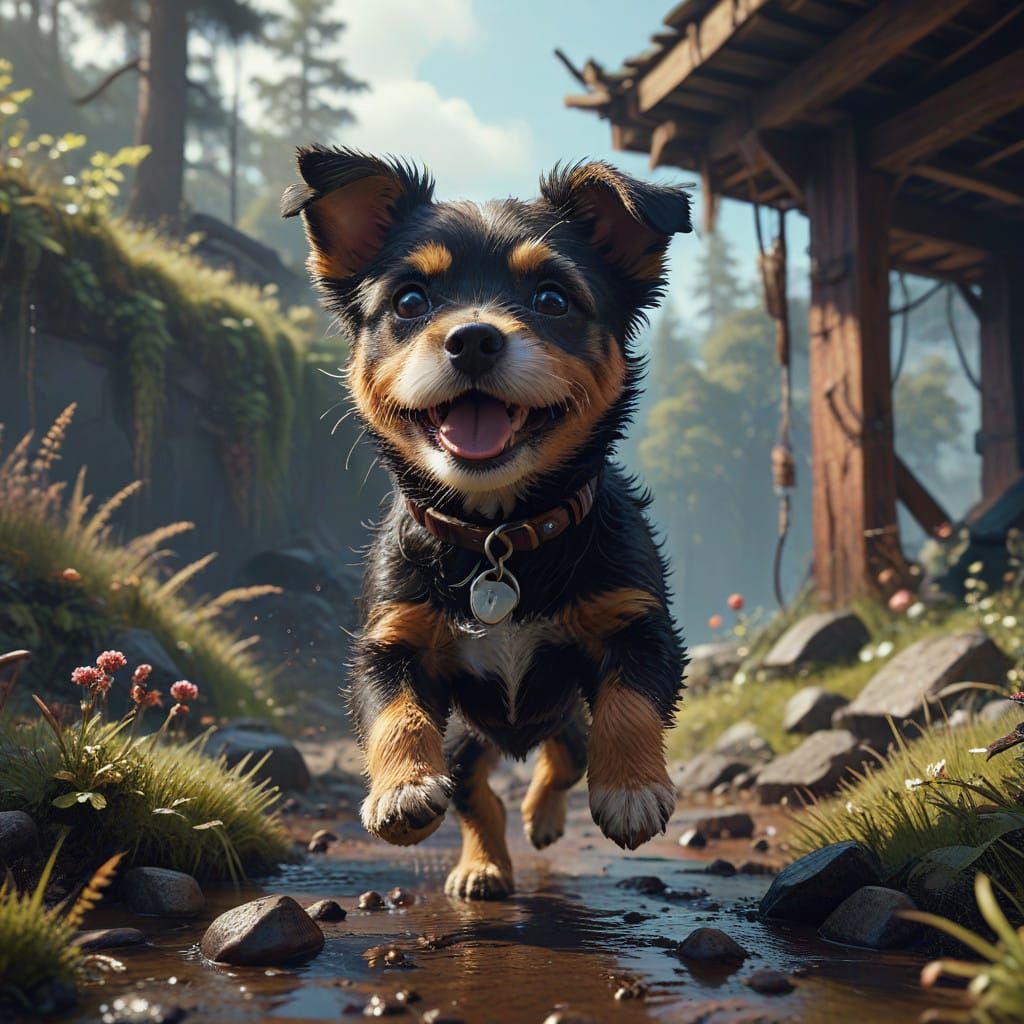 Joyful Pom-Terrier Puppy Mix Awaits Meal in Whimsical Fantas...