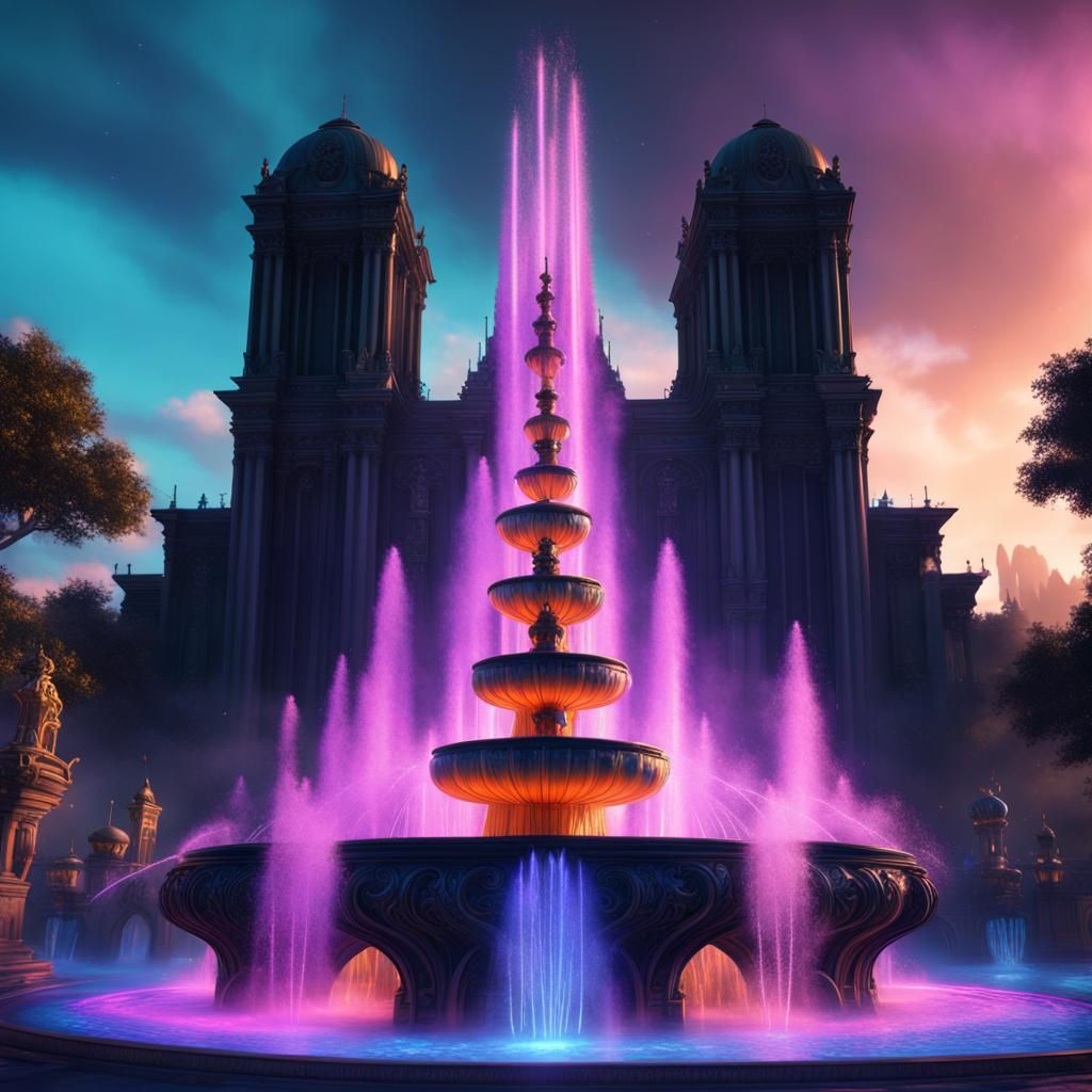 Black Light Magic Fountain in Detailed Digital Painting