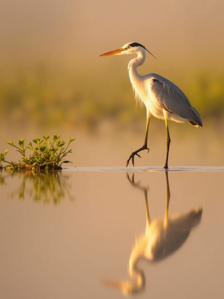 Heron in Bayou Reflects in Still Waters