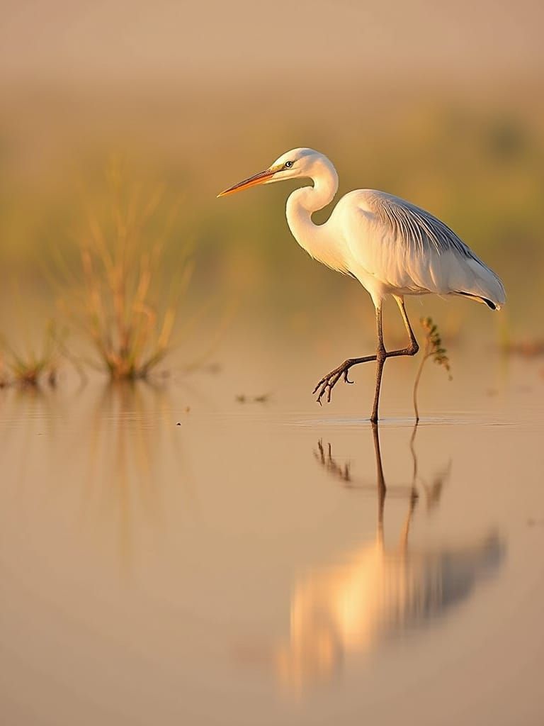 Heron in Bayou Reflects in Still Water