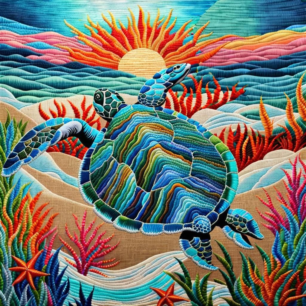 Embroidered Sea Turtle Tapestry in Ombré Metallic Tones