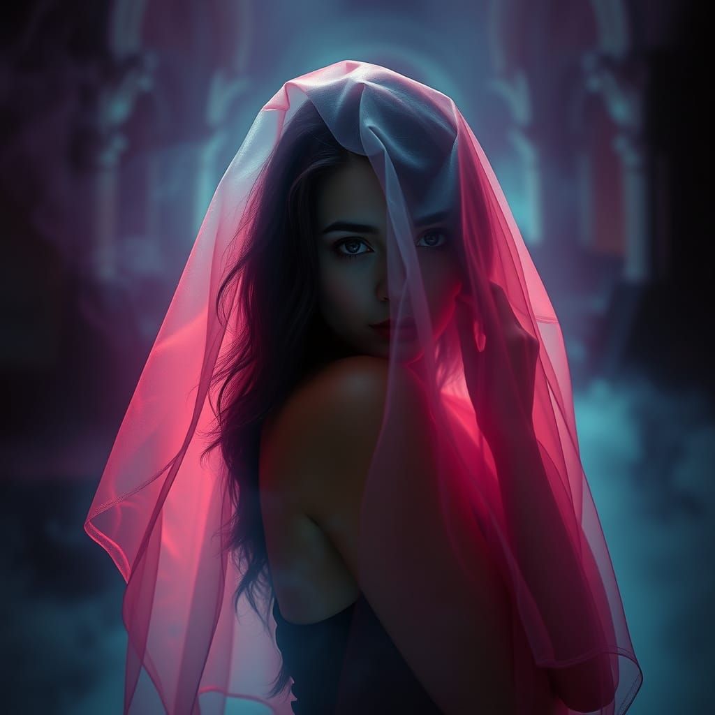 Ethereal Woman in Mist: A Sinister Portrait