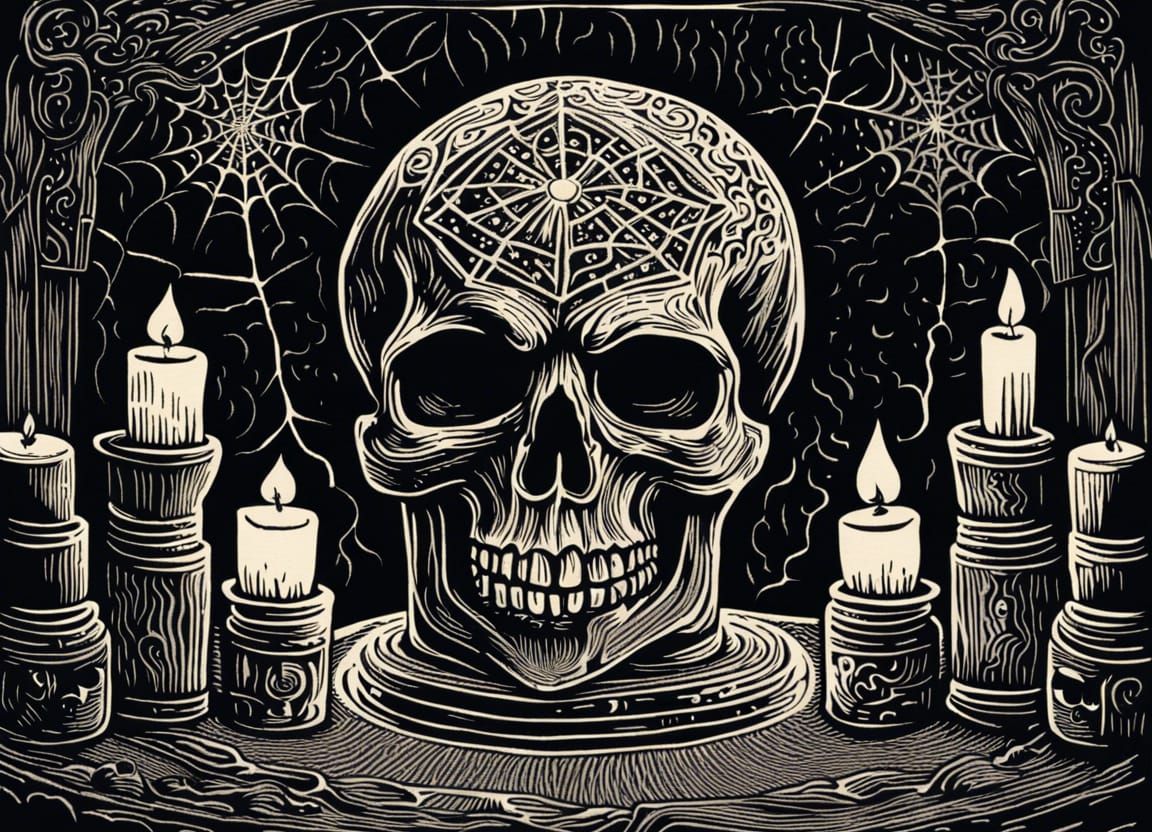 Intricate Skull Linocut Print in Dark Wizard Room