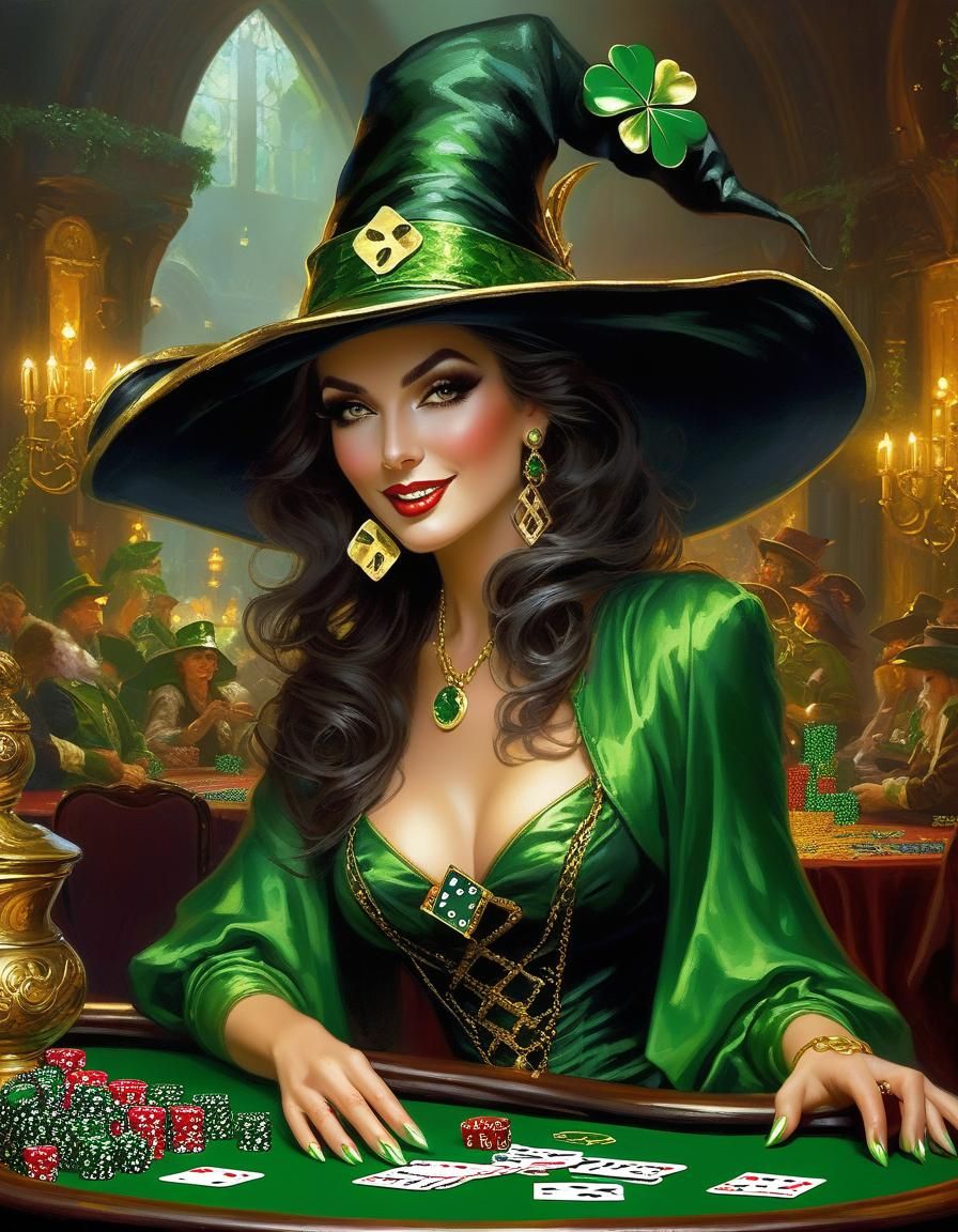 Lucky Witch Rolls Dice: Royo-Style Oil Painting