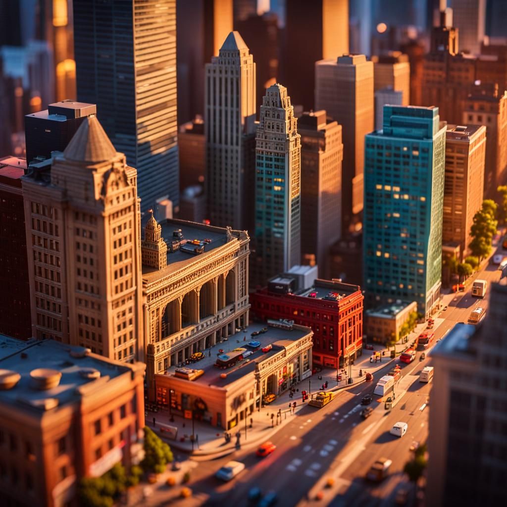 Chicago Sunset: Miniature Diorama in Vibrant Style