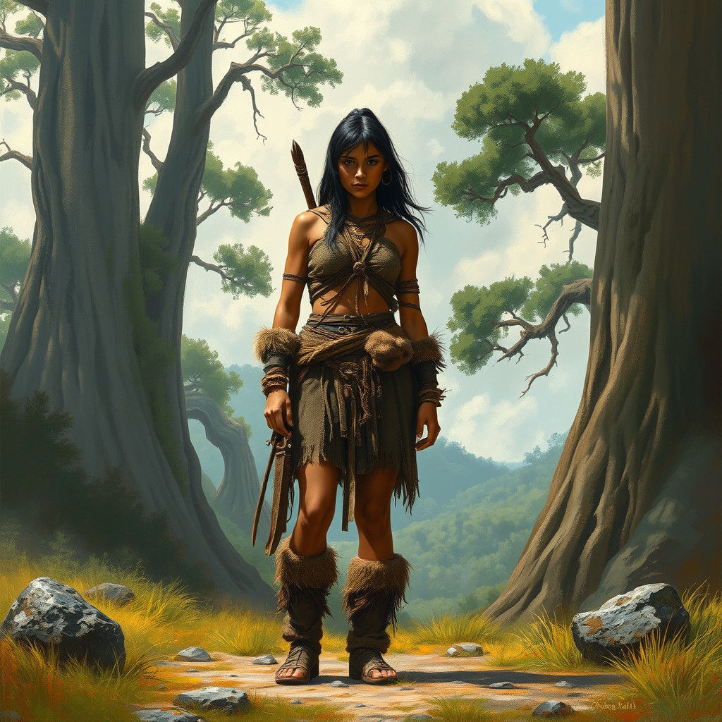 Fierce Keda Warrior in Prehistoric Landscape