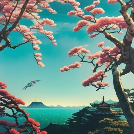 Coastal Japanese Town: Surreal Detailed Artwork