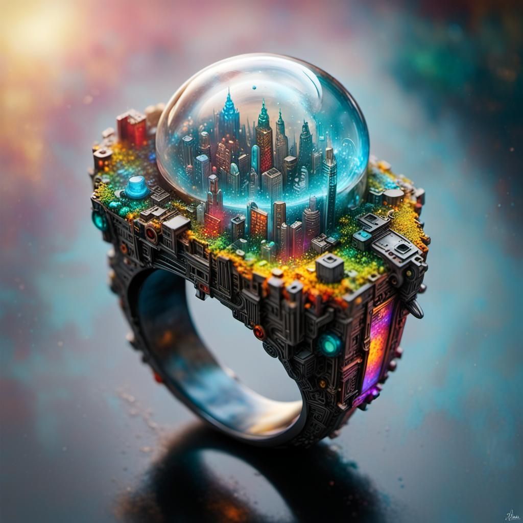 Sci-Fi Resin Ring with LED Lights and Cityscape