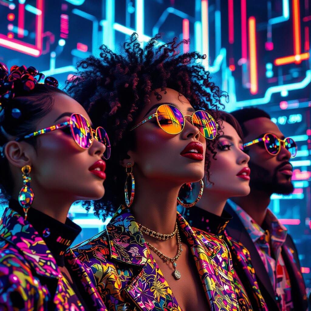Diverse People Speaking in Futuristic Neon Style