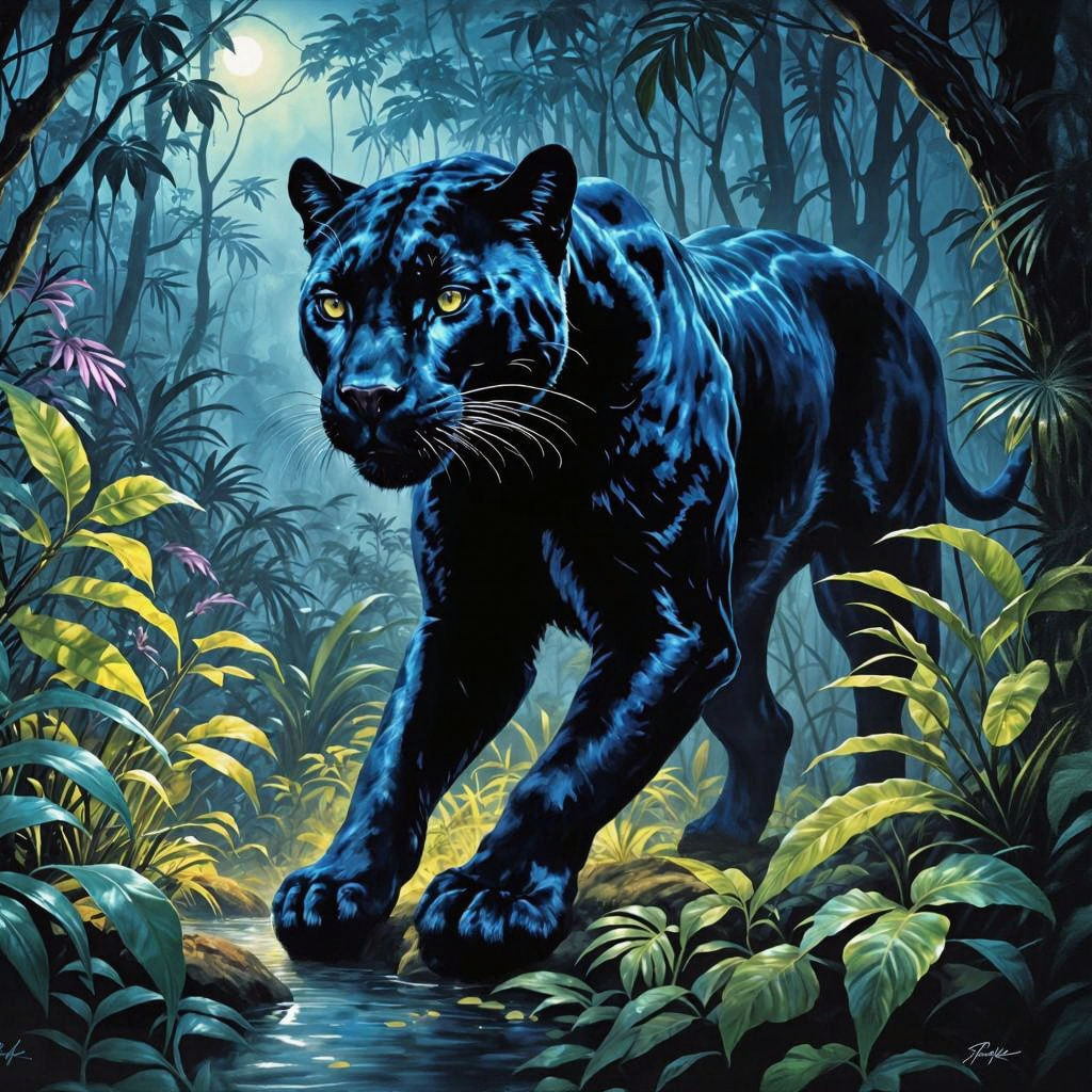 Black Panther in Jungle, Airbrush Bioluminescent Art