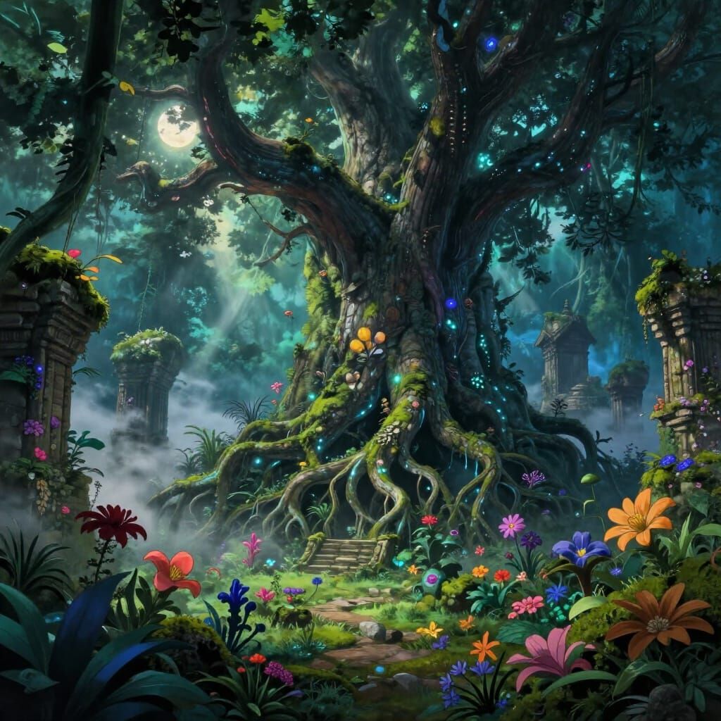 Ancient Temple Ruins with Bioluminescent Roots in Ethereal M...