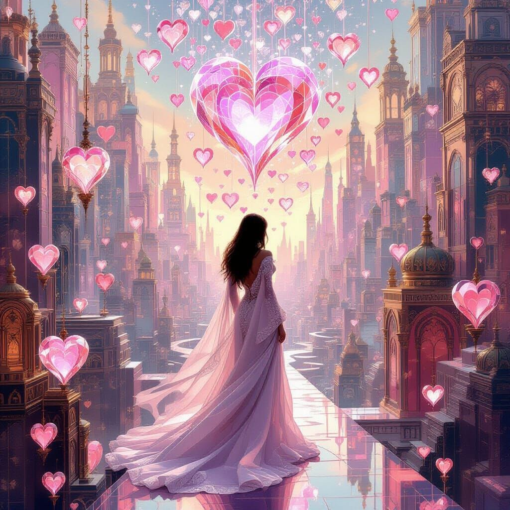 Surreal City of Glass Hearts: Hyper-Detailed Oil Painting