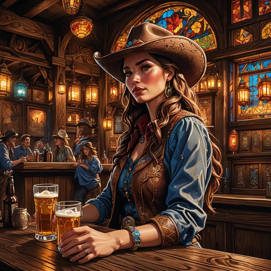 Cowgirl at Bar Watching Dancing Girls in Digital Painting