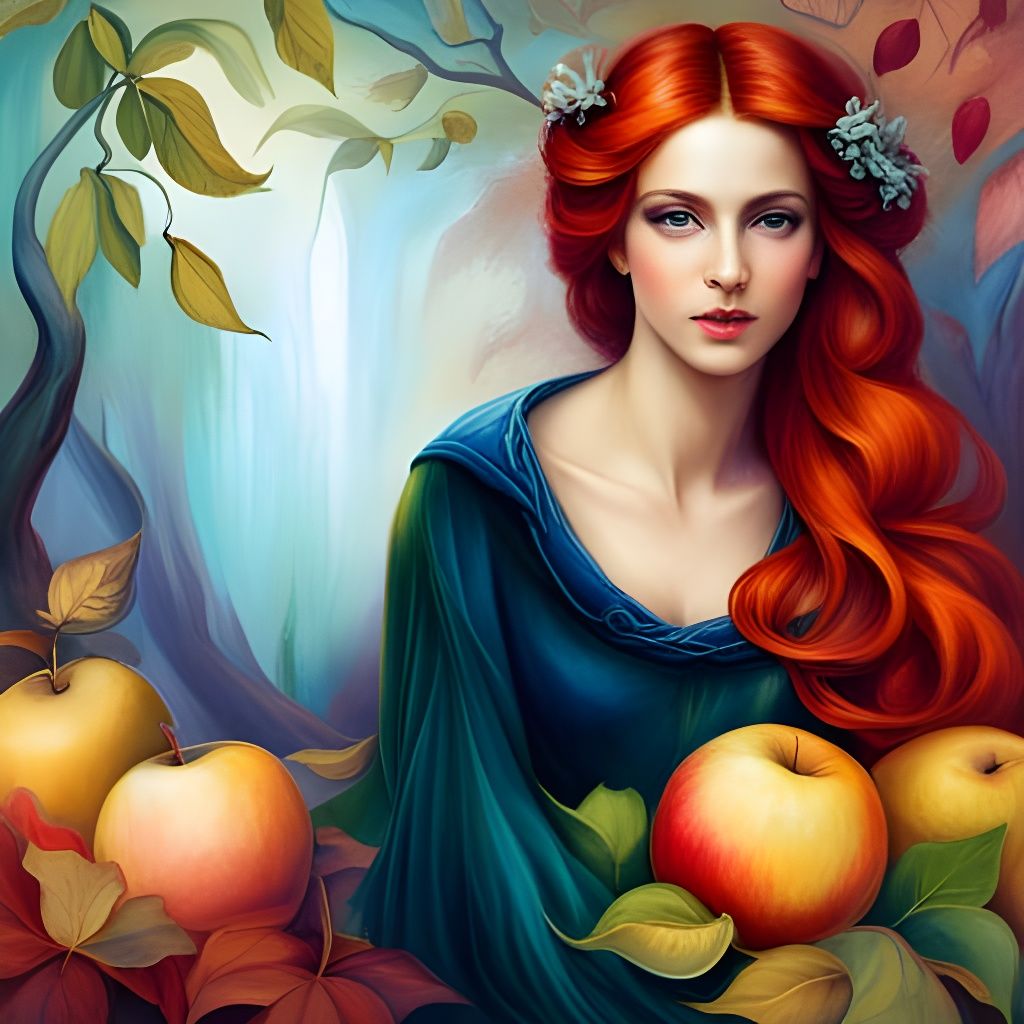 Apple Goddess Portrait in Pre-Raphaelite Style