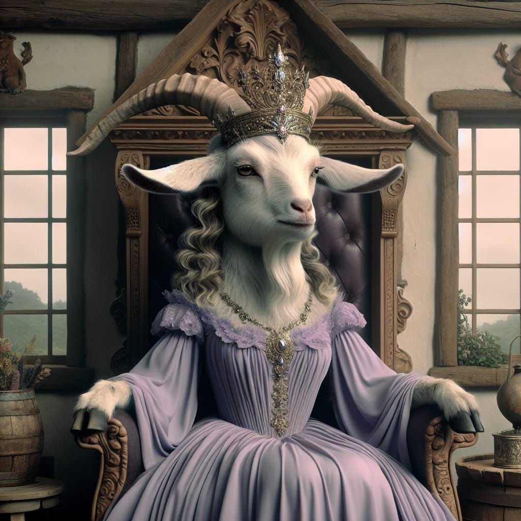 Regal Goat Queen in Rustic Cottage, Romantic Oil Painting