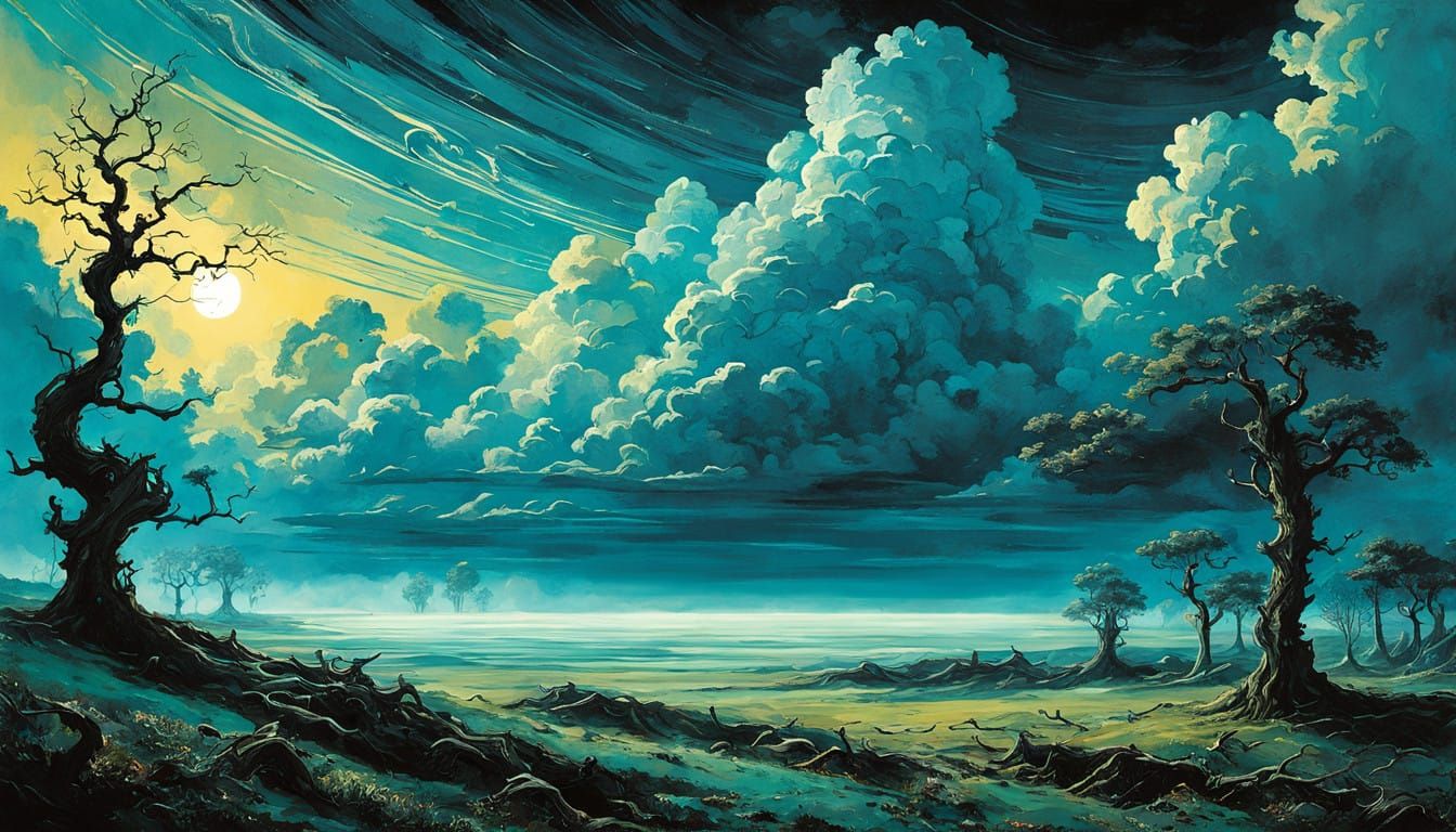 Dreamlike Landscape with Gnarled Trees and Abandoned Breakfa...