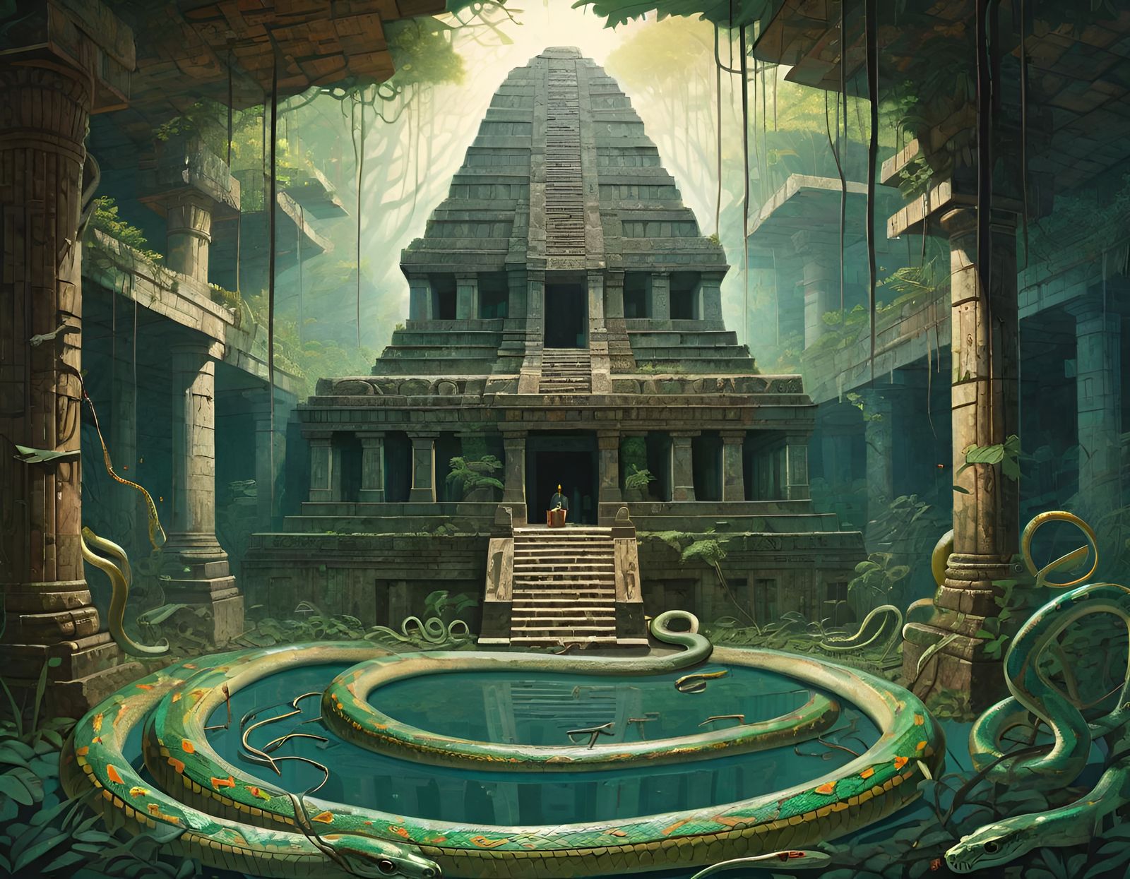 Ancient Maya Temple with Snakes and Bones