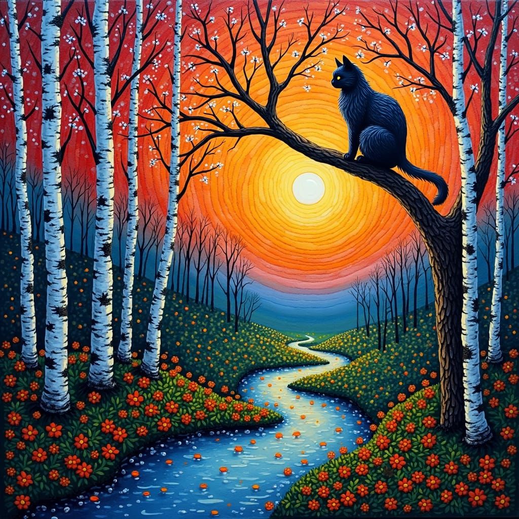 Pointillist Sunset Landscape with Black Cat