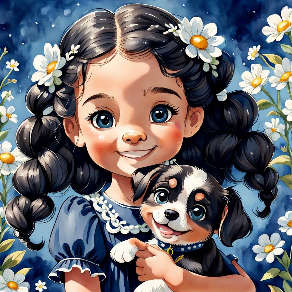 Whimsical Cartoon: Girl with Puppy in Summer