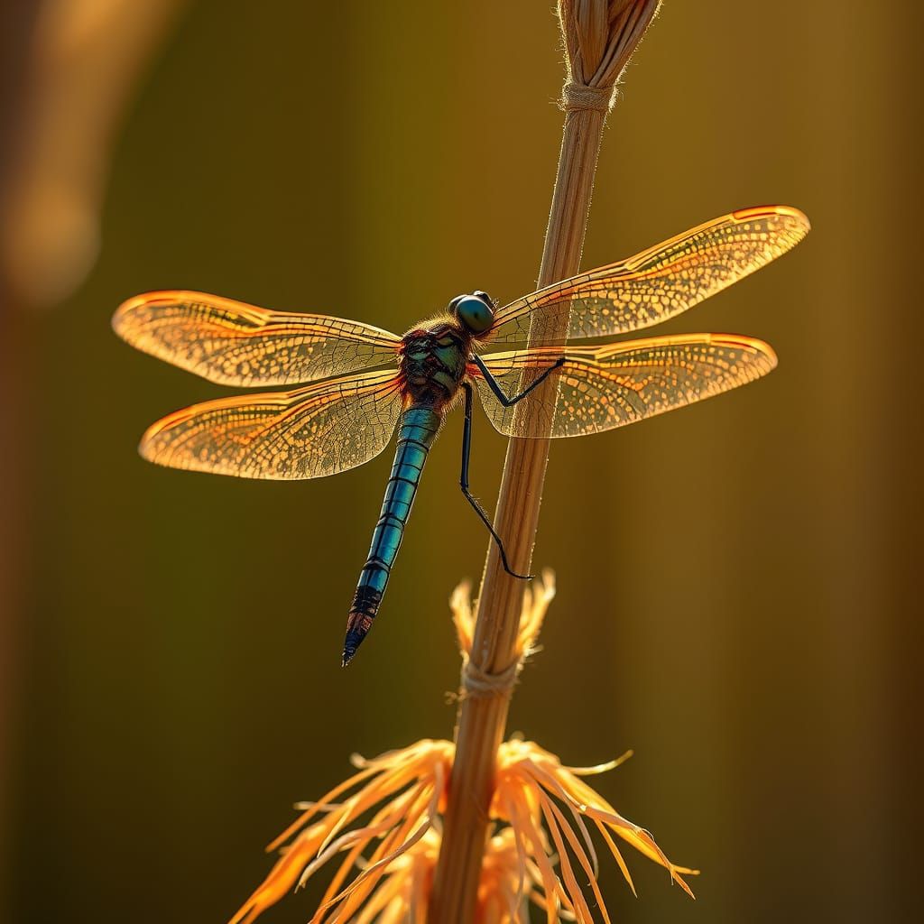 Hyperrealistic Dragonfly in Golden Light
