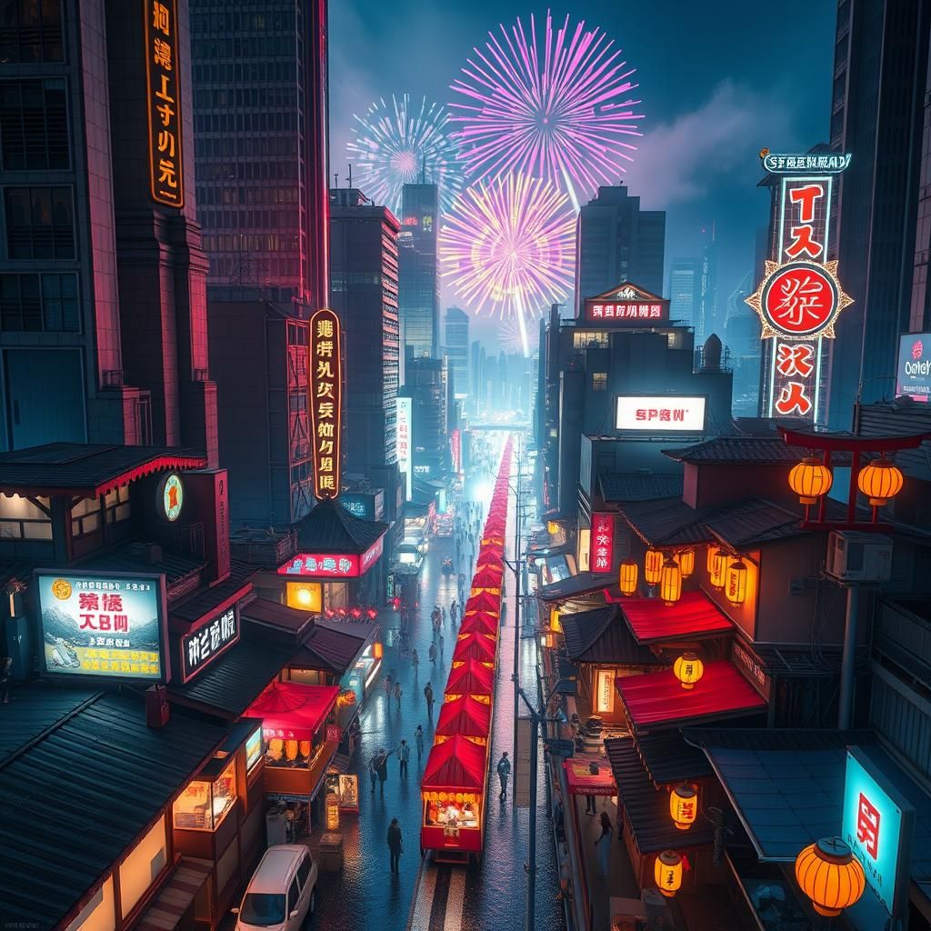 Japanese City Festival at Night: Bird's Eye View