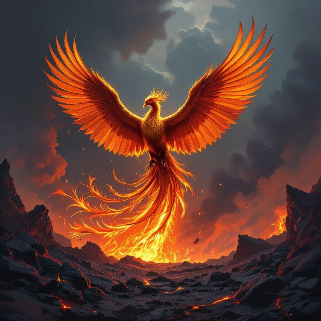 Phoenix Rising from Volcanic Caldera in Fantasy Style