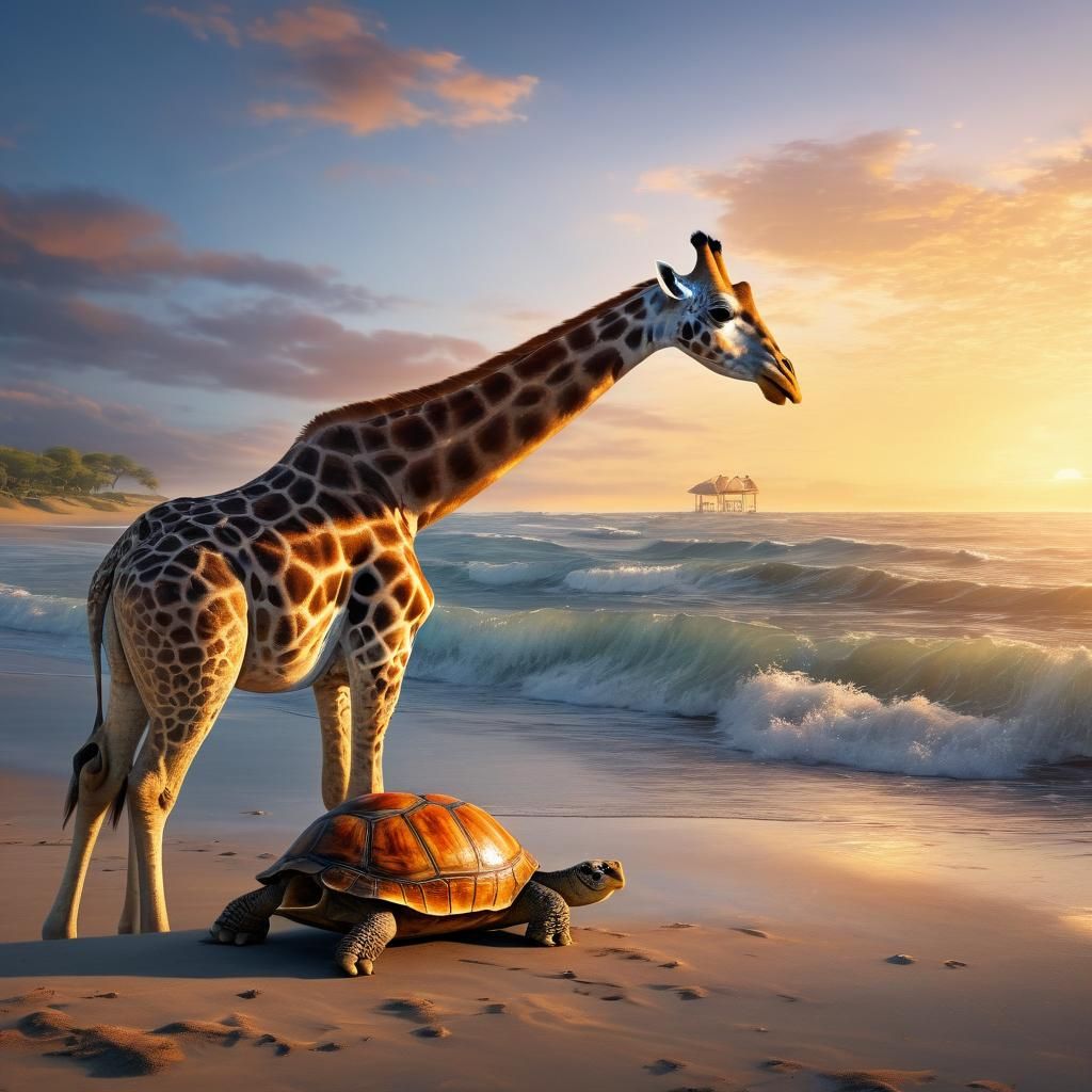Giraffe and Turtle on a Sun-Kissed Beach