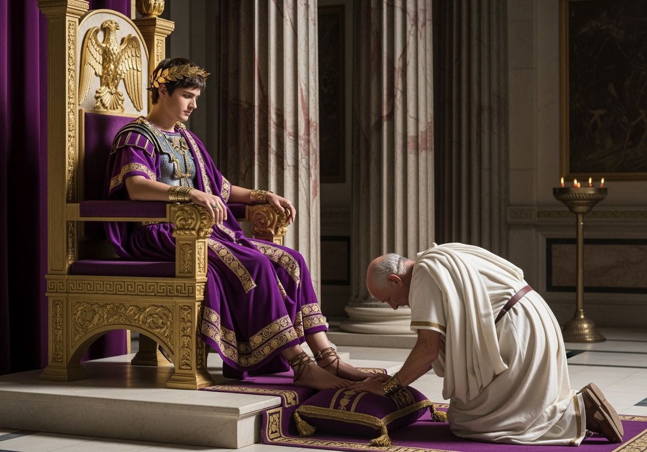 Emperor Nero on Ornate Throne in Opulent Roman Room