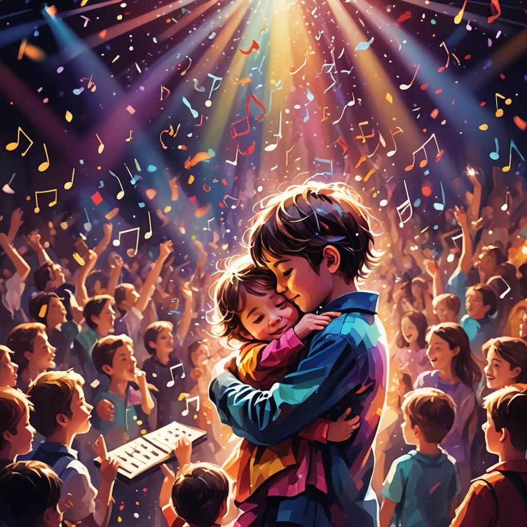 Child's Musical Embrace on Stage: Vibrant Illustration
