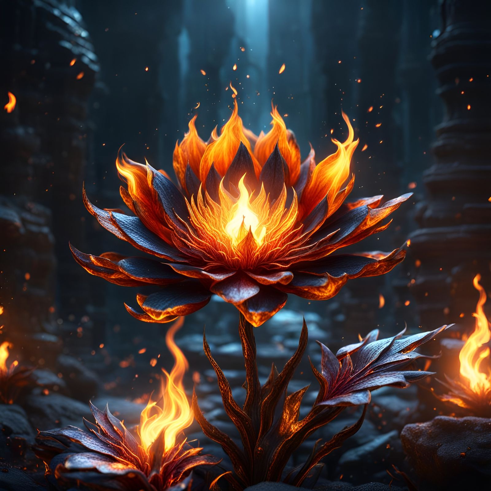 Burning Flower with Shining Sparks in Deep Color