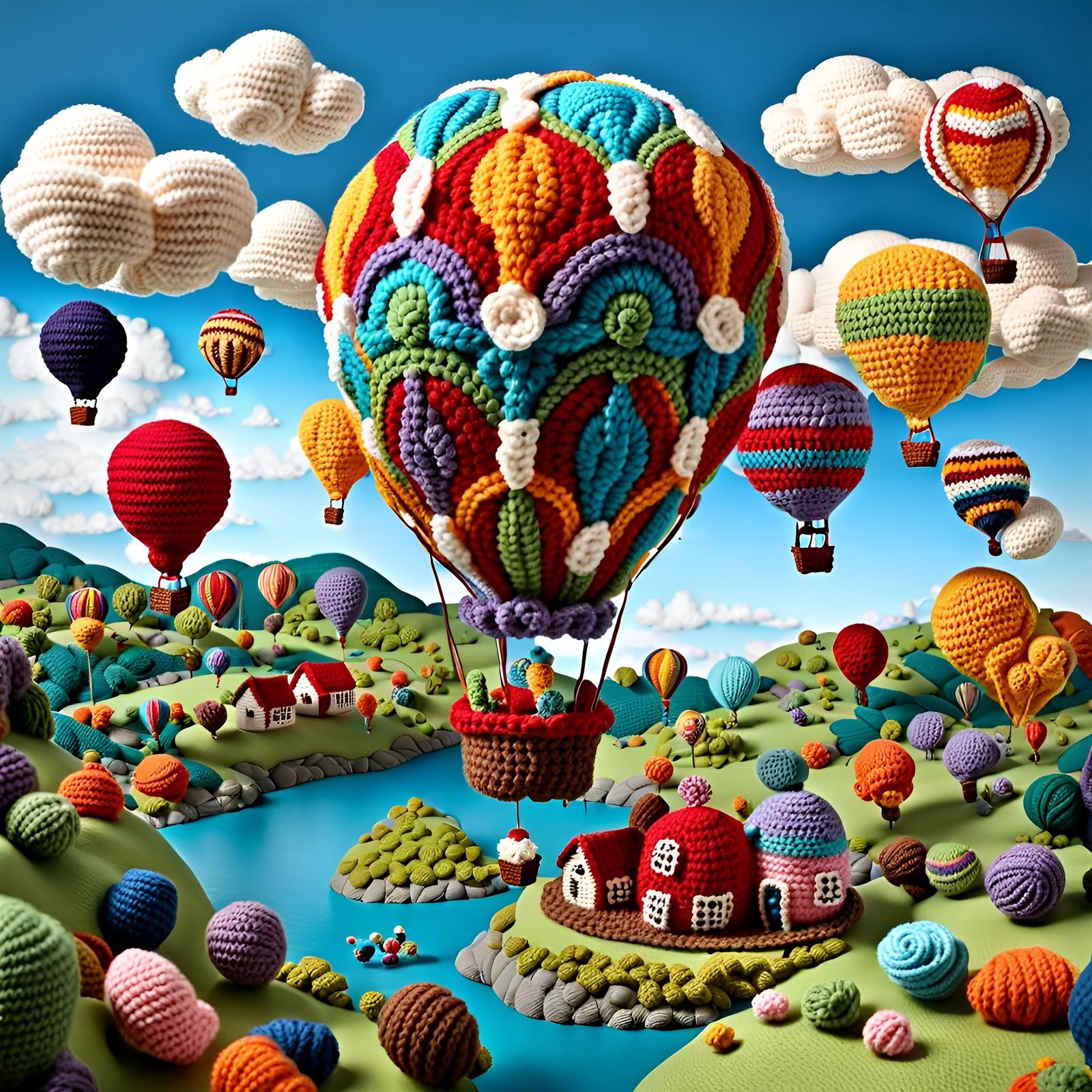 Amigurumi Hot Air Balloon Festival in Wool Landscape