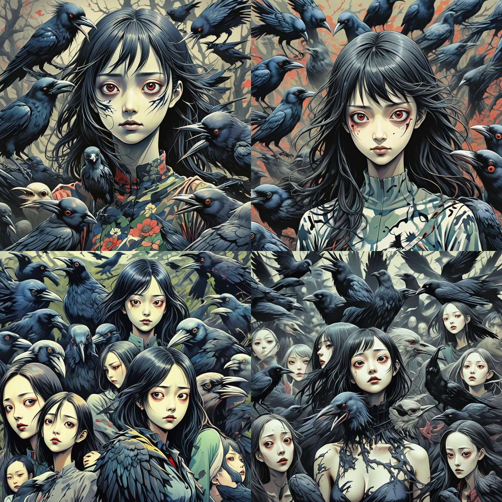 Surreal Crow Transformation into Anime Women