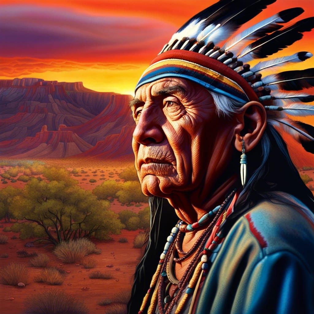Native American Man at Pueblo Sunset: Photorealistic Art