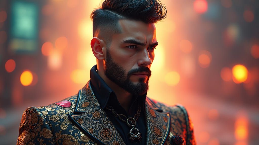 Elegant Man in Mid-Fade Beard, High-Fashion Attire, and Vibr...