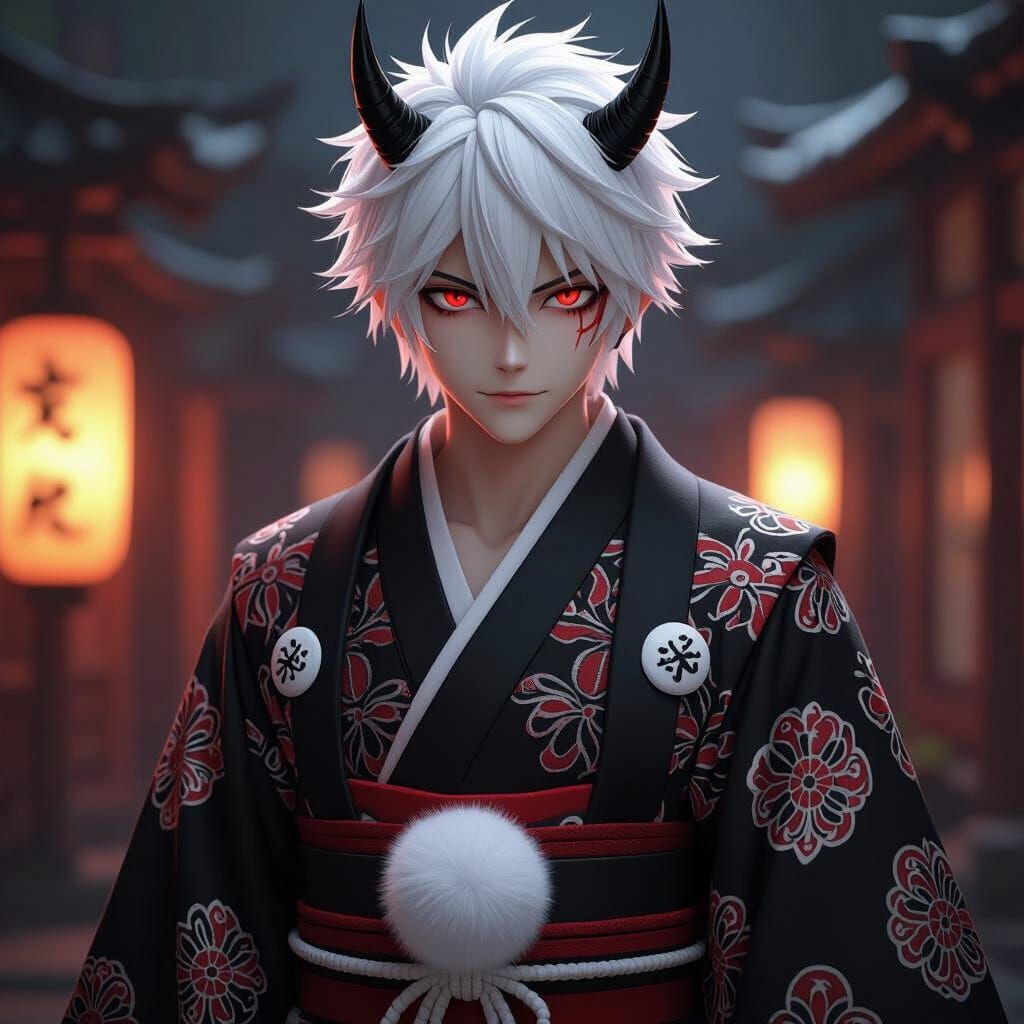 Anime Character: Man in Black Red Kimono with Fangs