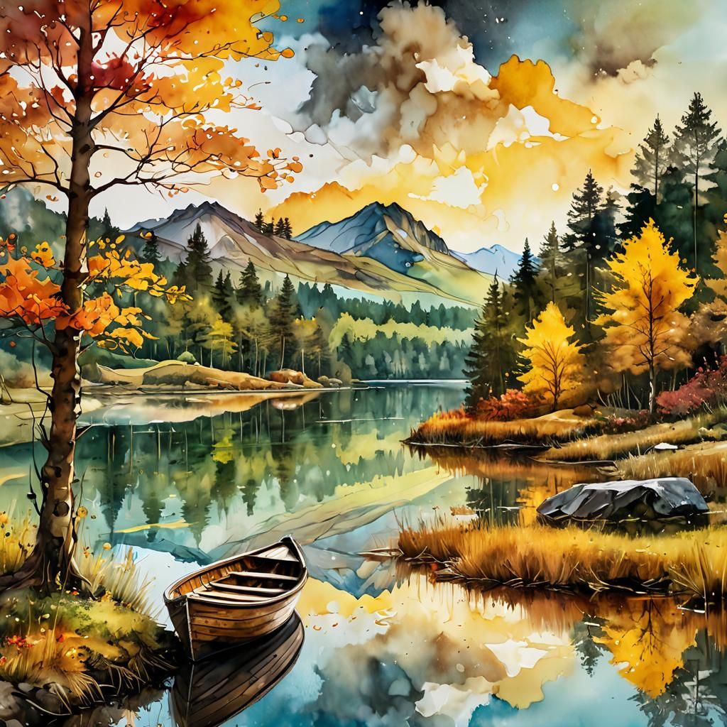 Pastel Lake Landscape in Watercolor Style