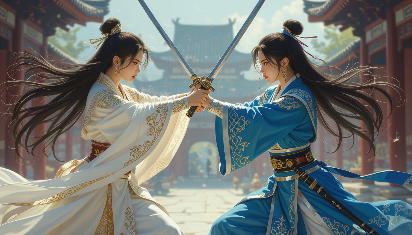 Dynamic Sword Fight: Asian Girls in Ancient Costumes