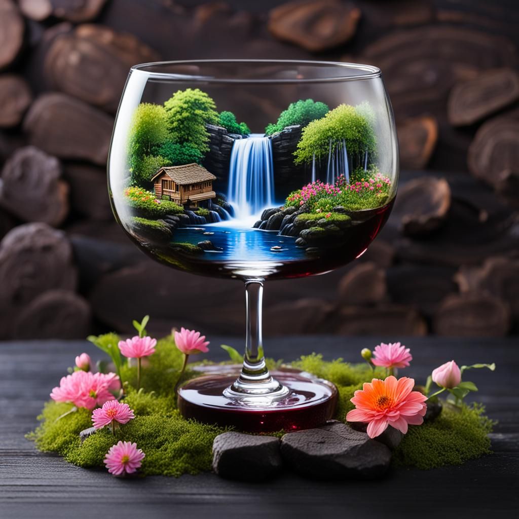Miniature Waterfall Landscape Inside Wine Glass