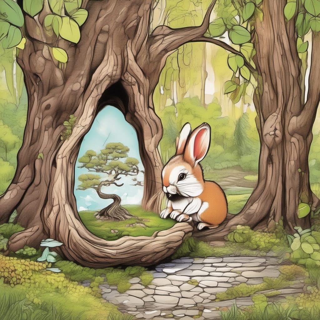 Rabbit Tends Bonsai Garden in Ancient Tree