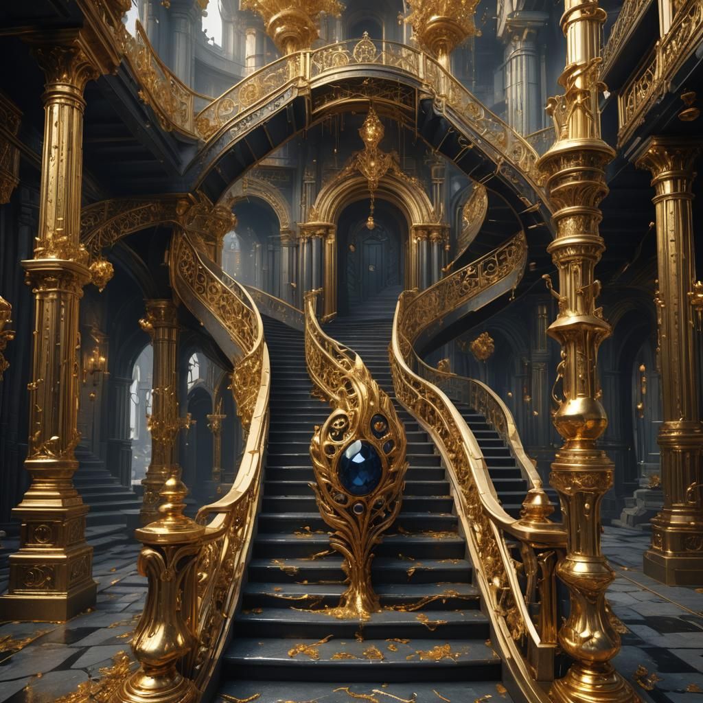 Fantastical Gold Spinel Staircase: Detailed Matte Painting